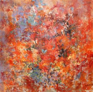 Oil painting - Red blooms and butterflies